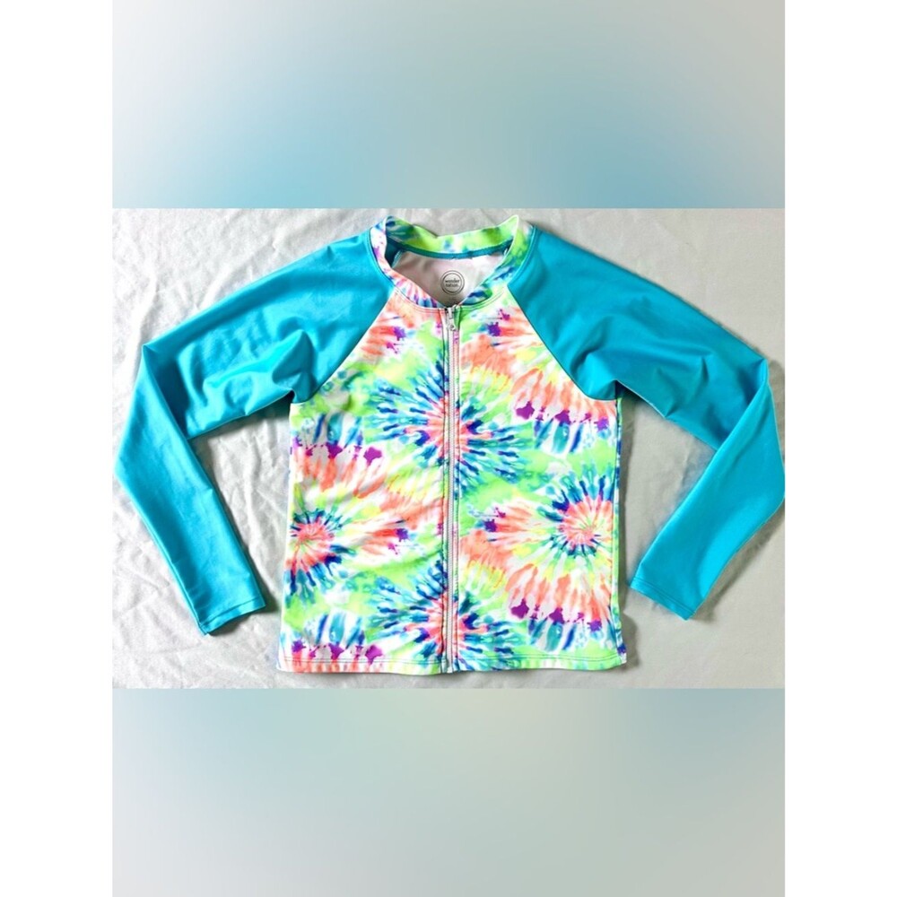 Wonder Nation Girls Rash Guard Swim Top Size 10/12 Long Sleeve Zip Front Tie-Dye